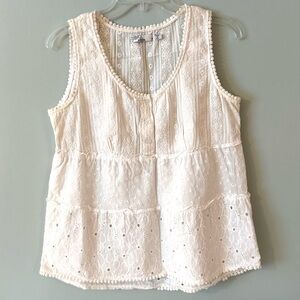 Prana White Eyelet Women’s Sleeveless Tank Tiered Top Sz M